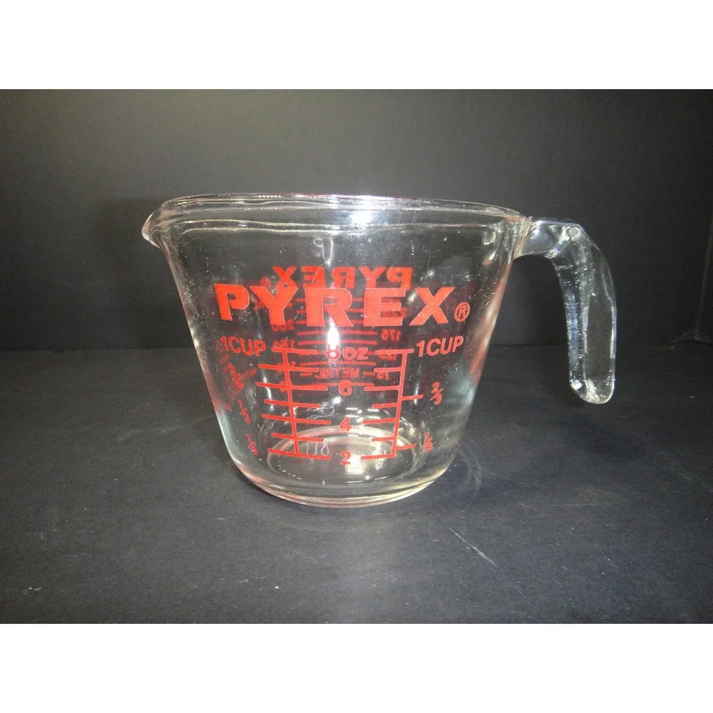 Vintage Pyrex #508 1 Cup 8oz 250ml Glass Measuring Cup Red Lettering Made in USA